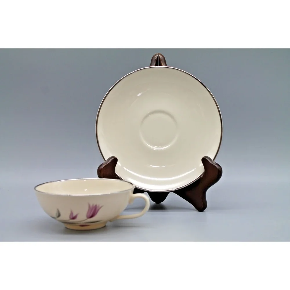 Franciscan Carmel Fine China Cups & Saucers Set of 3 Pink Tulip Platinum Trim